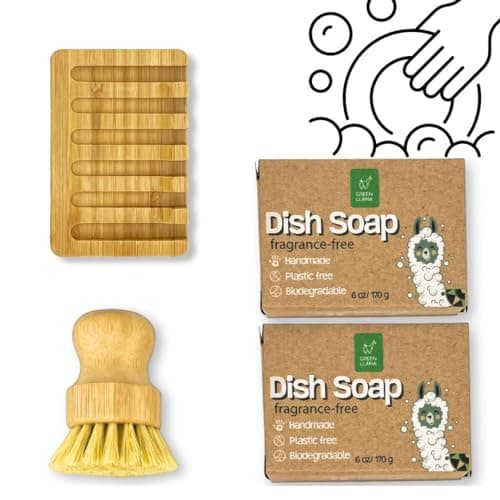 Image of Green Llama Eco-Friendly Dish Washing Bar Soap Set with 2 Fragrance-Free Solid Coconut Oil Bars, Sisal Scrub Brush, and Bamboo Holder - Sustainable Kitchen Cleaning set