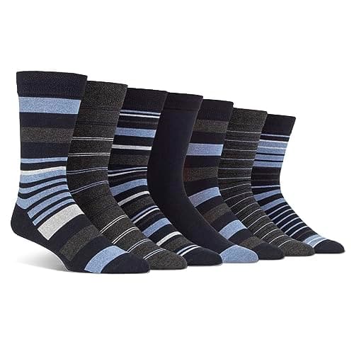 Image of Spairs Men's Socks, Cotton Blend, Patterned & Striped Designs, Soft, Breathable, Comfortable, Crew Length, Value Multipack of 7 Pairs, Size 7-11 Stripe Navy/Blue