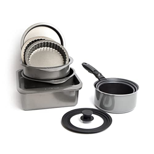 Image of Bundle of MasterClass Smart Space Bakeware Set 7-Piece Non Stick and Stackable + MasterClass Smart Space Saucepans, Non-Stick Saucepans for All Hobs, Induction Safe, Aluminium, 5-Piece Set, Grey
