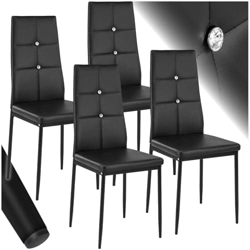 Image of tectake® Set of 4 Dining Chairs with Faux Leather Covers & Rhinestones, Dining Chair Set with High Backrests, Slim Steel Legs & Soft Padding, Ideal as Desk & Kitchen Chairs - Black