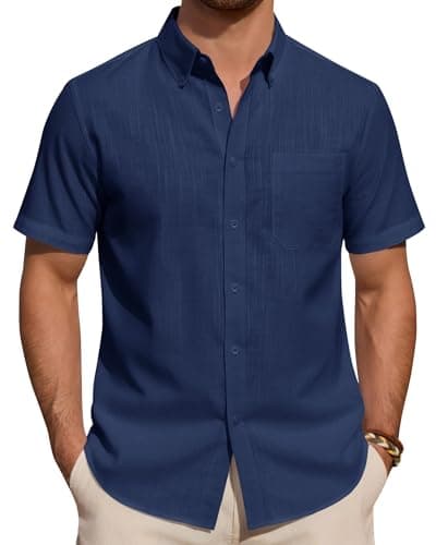 Image of J.VER Linen Shirts Men Navy Blue Summer Short Sleeve Regular Fit Smart Casual Lightweight Holiday Beach Button Down Shirt XL
