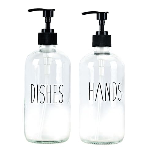 Image of Glass Dish and Hand Soap Dispenser Set 500ml Large Pump Bottles Refillable Liquid Dispensers for Bathroom Kitchen Cute Modern Farmhouse Style Home Decor (Clear Dishes+Clear Hands)