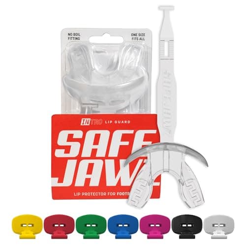 Image of SAFEJAWZ Football Mouth Guard, Sports Lip Guard with Connected Strap, Breathable Adults and Junior Lip Protector, American Football & Lacrosse (Clear)