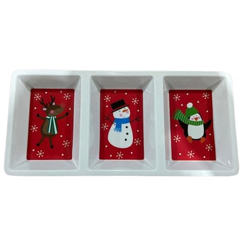 Image of eBoutik - Christmas Platter Plate - Colourful Compartment Reusable Serving Platters for Xmas Dinner, Xmas Eve, or Festive Sweets - Santa & Snowman Design (White)