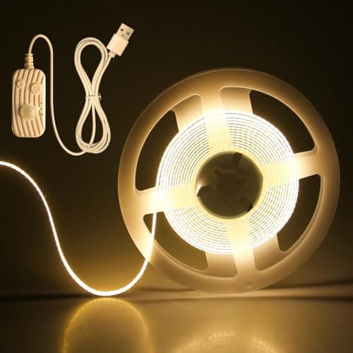 Image of Aclorol 5V USB COB LED Strip 3M Motion Sensor Light Indoor Warm White 3000K Movement Activated Auto ON/Off Dimmable LED Tape with 1.5M USB Powered Cable for Stairs Under Bed Cabinet Lighting 960LEDs