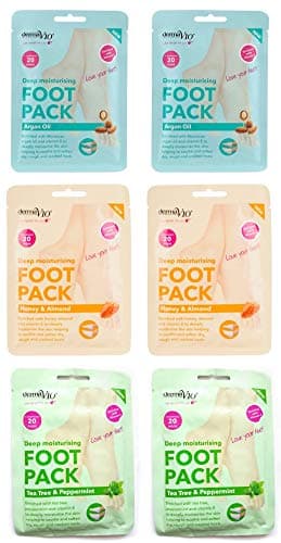 Image of Derma V10 Foot Pack Mask (6 Pack) Deep Moisturising (Tea Tree & Peppermint, Honey & Almond, Argan Oil)