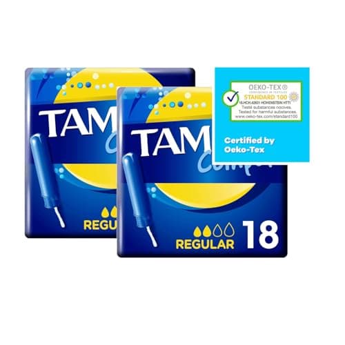 Image of Compak Regular Tampons with Compact Plastic Applicator – Pack of 2 (18 Tampons Each) | Rounded Tip, Double Protective Skirt & Absorption Channels | Light to Medium Flow | Gynaecologically Tested