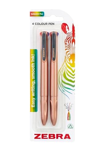 Image of Zebra Pen Z-GRIP 4 Colour Retractable Ballpoint Pens 2pk - Rose Gold Side Click Pens, Medium Point With Black, Blue, Green & Red Ink, Ergonomic Grip, With Recyclable Packaging