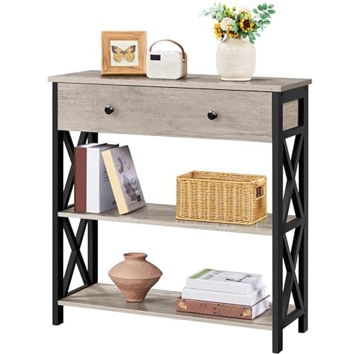 Image of Yaheetech Console Table, Hallway Table with Drawer & Storage Shelves, 3-Tier Sofa Side Table with Metal Frame for Living Room, Bedroom, Entryway, X-Shaped Design, 80x29.5x81cm, Grey