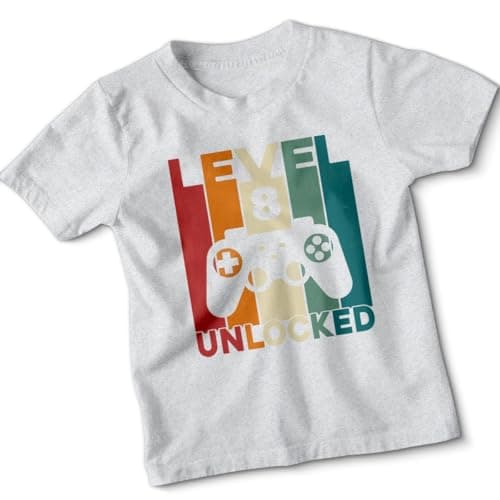 Image of Level 8 Unlocked Birthday Gaming Kids T-Shirt Boys Girls Video Game Controller Retro Tee 3-4 Years Heather Grey