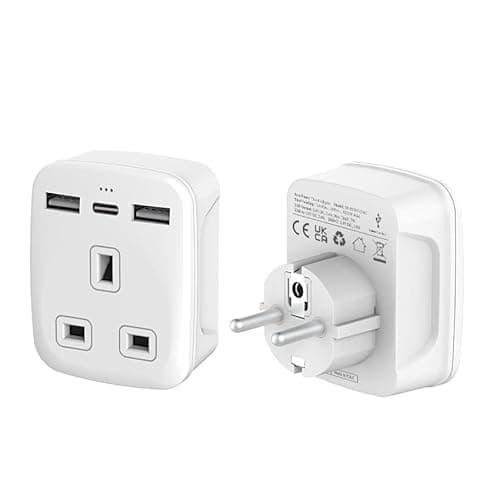 Image of TechMax UK to European Plug Adapter with USB ports Grounded Type G to Type C,E,F for France, Spain, Turkey, Italy, Greece, Portugal, Germany, Poland, Asia - 3 Pin to 2 Pin Travel Adapter with USB