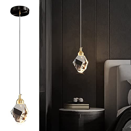 Image of Sxtiger Modern Crystal Pendant Light, 3-Color LED Crystal Pendant Light, Adjustable Height Gold Ceiling Hanging Pendant Lamp, for Kitchen Island Bedroom Dining Room (Black)