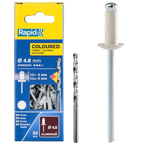 Image of Rapid High Performance White Aluminium Rivets, Ø4.8 x 12 mm - 4mm Rivets for Gutters, Piping, and Sheet Metal - Includes Drill - 50 Pieces, Carton Boxed (5001468)