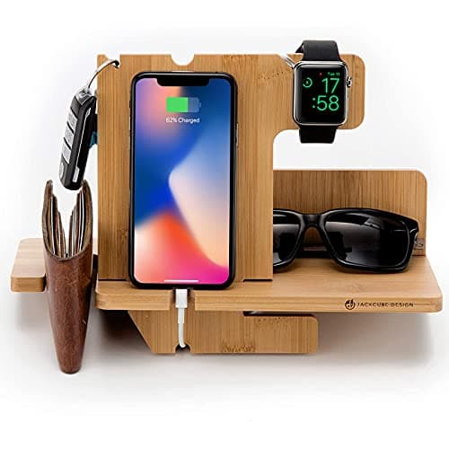 Image of JackCubeDesign Wood Smart Watch Charger Bamboo dock Stand Multi Device Charging Station Organiser Holder for Smartphone Wallet Glasses Key(Large) – MK242A