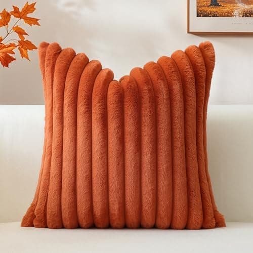 Image of Sungeek Set of 1 Rust Faux Rabbit Fur Cushion Cover 45x45 cm, Soft Cozy Plush Striped Decorative Throw Pillow Covers 18x18 Inch Velvet Square Pillowcases for Sofa Bedroom