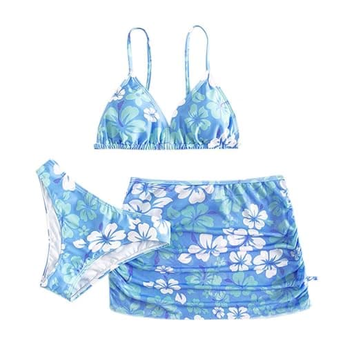 Image of PythJooh Girls' 3 Piece Swimsuit Set Floral Prints Bikini Swimwear with Drawstring Beach Cover-Up Skirt Bathing Suit for 8-13Years Blue