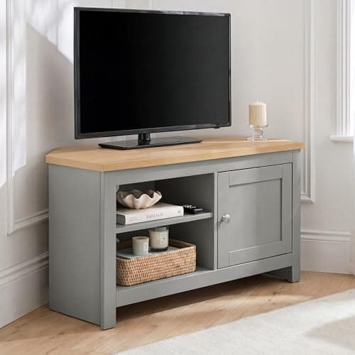 Image of Blisswood Corner TV Unit for 35–40 Inch TVs, Space Saving TV Stand Cabinet with Storage, Adjustable Shelves, Soft Close Door, Oak Effect Top, Wooden Entertainment Unit for Living Room Bedroom, Grey