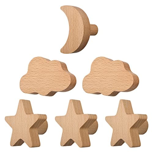 Image of MOROBOR 6pcs Cloud Moon Star Shape Wooden Wall Hooks, Cabinet Door Handle, Nordic Style Decorative Hook Used for Bedroom, Living Room, Porch, Especially Children's Room