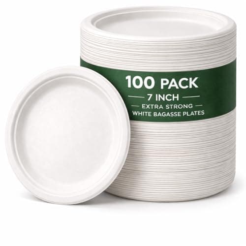 Image of 1ABOVE 100 Pack 7 Inch Extra Strong White Disposable Bagasse Plates – Compostable & Biodegradable Sugarcane Fibre Plates for BBQs, Weddings, Parties & Picnics