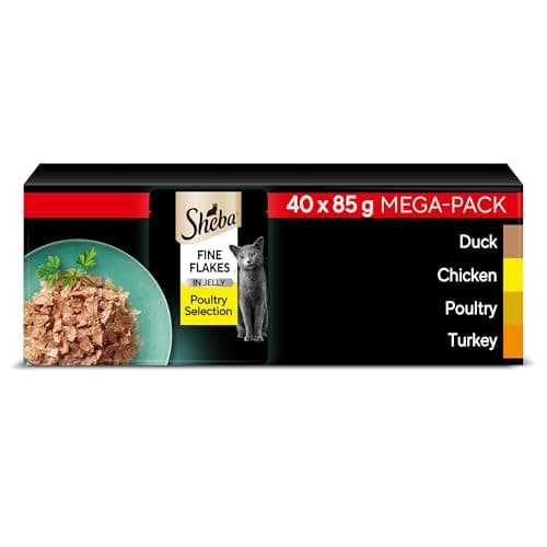 Image of Sheba Fine Flakes in Jelly – Poultry Collection – Wet cat food pouches for adult cats – 40x85g pack
