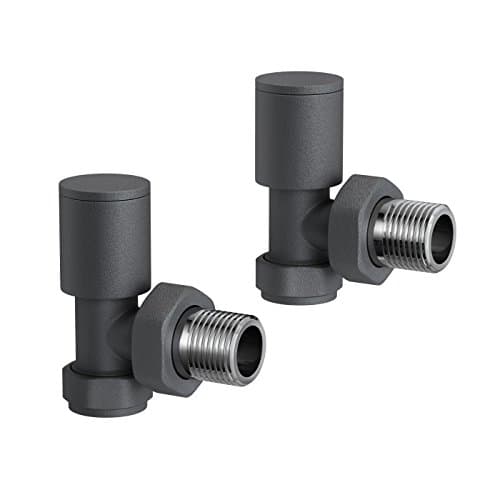 Image of iBathUK EdgeLine Angled Round Radiator Valve Pair, Durable Brass Construction, Wall or Floor Mounted Universal Fit for Panel, Column, Towel & Designer Radiators in Matt Anthracite Finish, 15mm