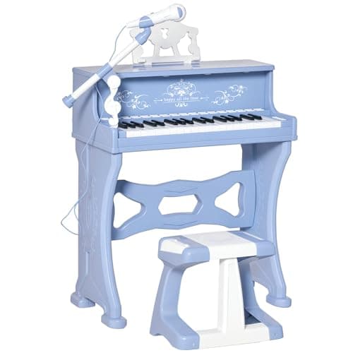 Image of HOMCOM 37 Keys Kids Piano Mini Electronic Keyboard Light Kids Musical Instrument Educational Game Children Grand Piano Toy Set w/Stool & Microphone & Music Stand (Blue)