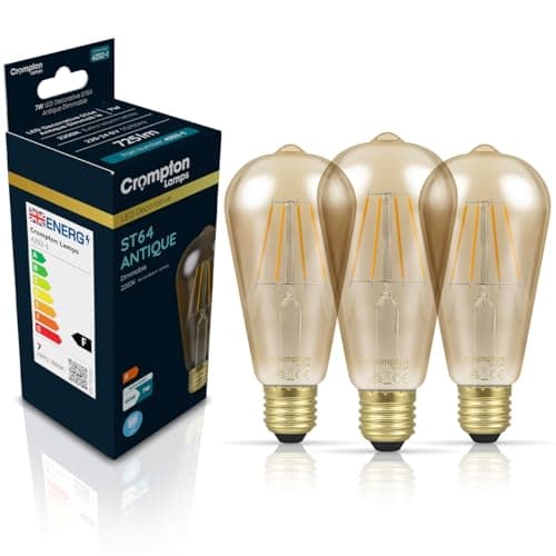 Image of Crompton Lamps Filament ST64 LED Light Bulb ES-E27 | 7W = 50W Equivalent | Extra Warm White 2200K | Energy Efficient | Edison Screw Lightbulb | Antique Bronze Glass | Dimmable | 3-Pack