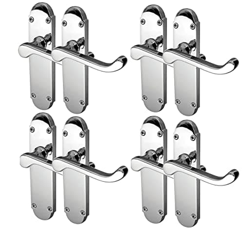 Image of Polished Chrome Door Handle Sets – Epsom Silver Lever Handles for Internal Doors – 4 Pairs – Backplate Size 170mm x 42mm – Modern Interior Handle Sets – Ideal for Bedrooms, Bathrooms & Living Rooms