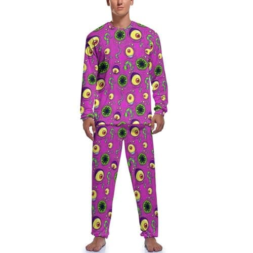 Image of Monster Eyeball Halloween Men's Pajamas Sets Satin Silky Long Sleeve Top And Pant Loungewear with Pockets L