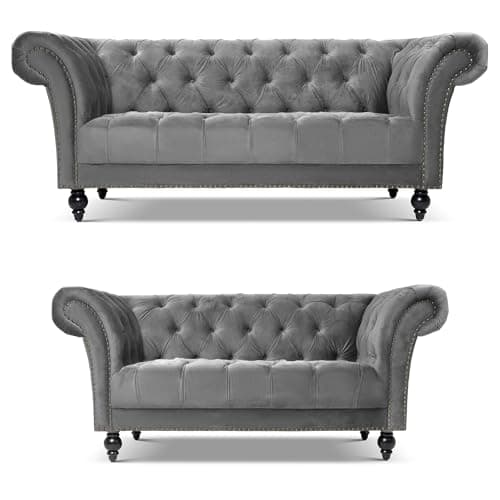 Image of Bravich Chesterfield Velvet Sofa Set, Grey 2 and 3 Seater Sofa Suite for Living Room, Classic Button Back Settee with Rolled Arms, Solid Wood Frame, 2 Piece Collection
