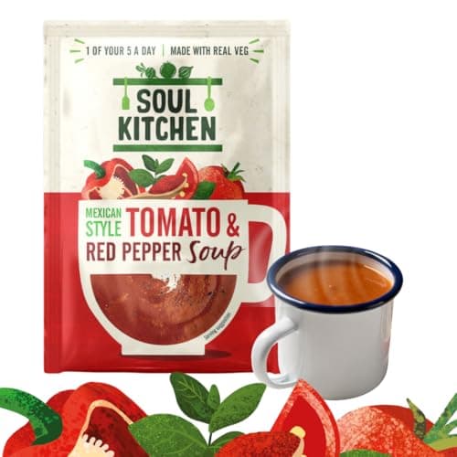 Image of Soul Kitchen Mexican Tomato Red Pepper Soup — Vegan, Gluten-Free Cup Soup — Low-Calorie, Spicy Healthy Lunch — Real Vegetables, No MSG — Quick Office Work Snack, Meal Alternative — 12x25g
