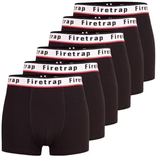Image of Firetrap Mens 6 Pack Designer Boxer Shorts, Underwear Gift Set Trunks Comfortable Stretch Cotton Plain Colours Mens Briefs All Black L