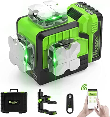 Image of Huepar 3D Laser Level 12 Lines, Bluetooth 360 Lazer Level Self Leveling Green with Pulse Mode, Rechargeable Li-ion Battery Outdoor Leveler Laser Tool, Remote Control, Magnetic Bracket, Hard Carry Case