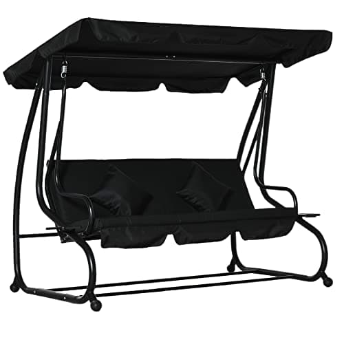Image of Outsunny 2-in-1 Garden Swing Seat Bed, 3 Seater Convertible Swing Chair Bench with Tilting Canopy, Cushioned Seat and 2 Pillows for Patio, Garden, Black