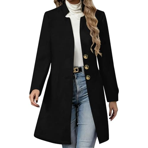 Image of Keepink Women's Long Trench Coat Plain Single Breasted Classic Wool Blend Overcoat Stand Collar Pea Coats Shawl Winter Warm Jackets Ladies Cardigans for Business Wear Formal Occasions