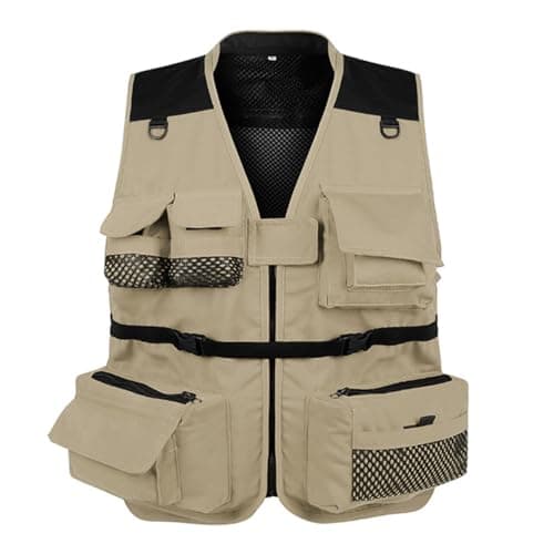 Image of YOUTHUP Men's Fishing Vest Lightweight Multi-Functional Jacket with Multiple Pockets, Suitable for Travel, Hunting, and Photography Summer Vest Khaki L