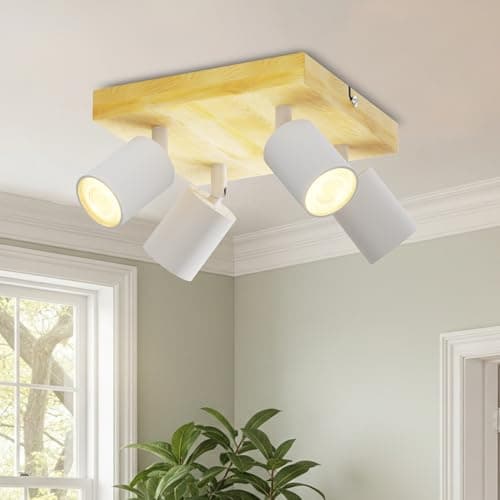 Image of LVWIT Wood Ceiling Lights,Ceiling Spotlights,Industrial 4 Way Kitchen Lights Ceiling,Adjustable GU10 White Ceiling Spot Lights,Indoor Spot Light for Living Room Lights Ceilings(NO Bulbs)