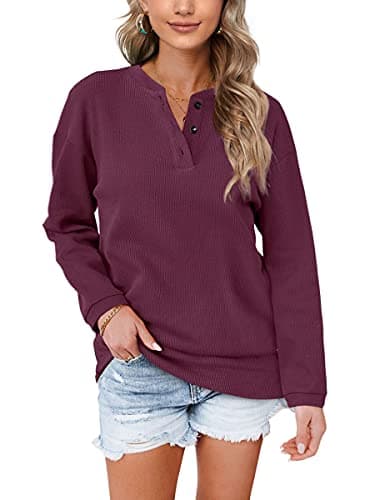 Image of Aokosor Womens Sweatshirts Ladies Jumpers For Women Uk Long Sleeve Tops Ladies Loose Sweatshirts With Buttons Plain Size 14-16 Fuchsia