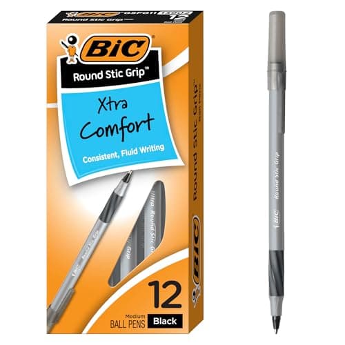 Image of BIC Round Stic® Grip™ Xtra-Comfort Medium Ball Point Pen, Black, 12 Pack