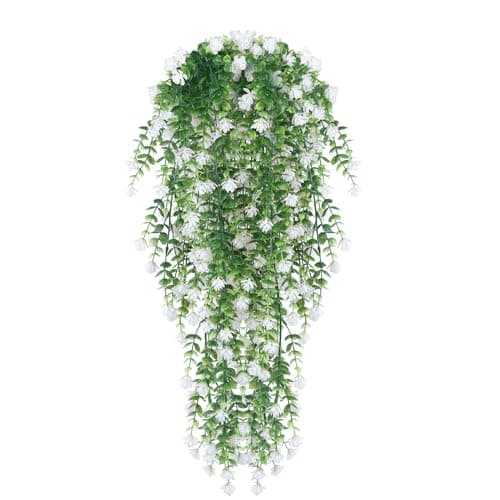 Image of HBell 2Pcs Artificial Hanging Flowers,UV-Resistant Fake Hanging Plants Flower Bouquet Hanging Vine Plants Drooping Plants for Wall Home Garden Yard Patio Wedding Indoor Outdoor Decoration (White)