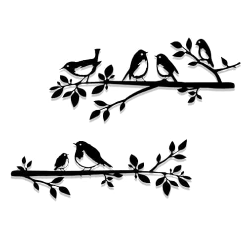 Image of Luccyle Metal Birds Wall Art, Love Birds on a Branch on Branch Silhouette Wall Decor Black Leaves with Bird Outdoor Metal Hanging Wall Sculpture for Living Room Garden Bedroom Office Wall Decor