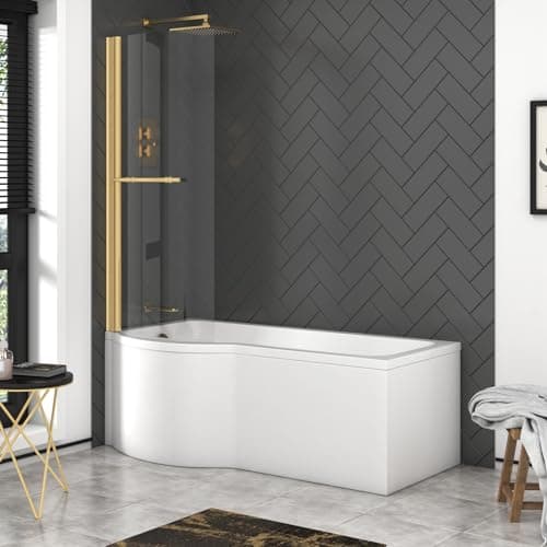 Image of Elva 1700 x 850mm Left Hand Curved P-Shaped Shower Bath tub & Brushed Brass Screen