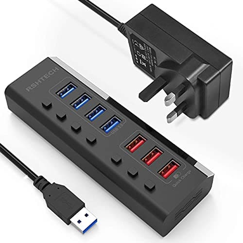 Image of RSHTECH Powered USB 3.0 Hub, 7 Port USB 3 Hub Extension (4 USB 3.0 Data Port + 3 Fast Charging Port) with Individual On/Off Switch and 12V/3A Power Supply (RSH-A37)