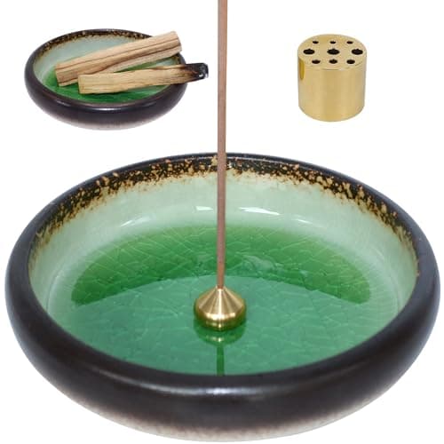Image of BEYLAB Japanese Ice cracks incense holder ceramics, 3 in 1 Incense burner for Palo Santo, Sage, Sticks Coil Cones, smudge bowl, Removable brass ash catcher for Meditation Yoga Room - Green
