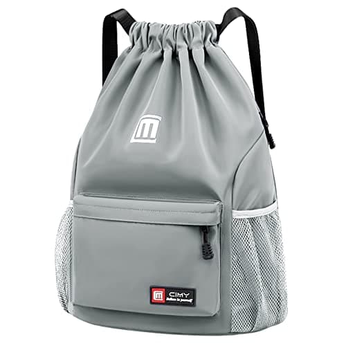 Image of Pystuvo Drawstring Gym Bag, Large Drawstring Bags With Mesh Pockets Water, Nylon Waterproof Drawstring Bag Gym Bag Drawstring With Outside Zipper For Sports Holidays Swimming Travel,Grey