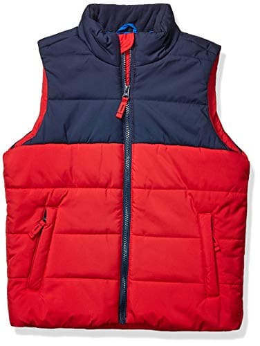 Image of Amazon Essentials Boys' Heavyweight Outerwear Puffer Vest, Navy Red Colour Block, 8 Years