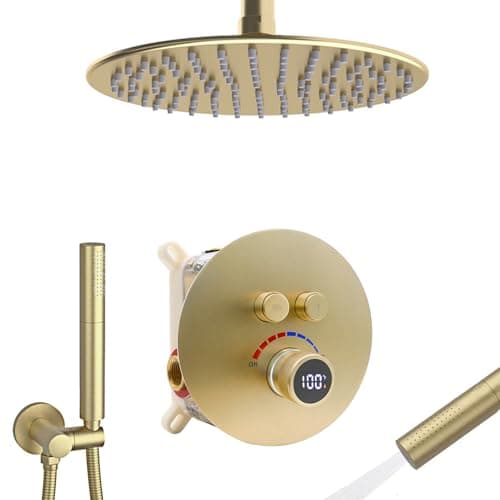 Image of Delnet Digital Display Valve Shower Mixer Set with 4 Holes 10" Round Ceiling Mounted Rain Shower Head, Can Use 2 Functions at A Time, Brushed Gold