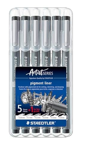 Image of STAEDTLER 308 SB6P1 Pigment Liner Fineliner Pens with Assorted Line Width - Black (Set of 5 + 1 Free)