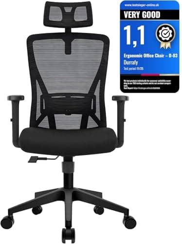 Image of Durrafy Ergonomic Office Chair, Desk Chair with Adjustable Lumbar Headrest and Armrest, Office Chairs Support up to 150 kg, Breathable and Comfortable Mesh Swivel Chair for Home/Office, Black