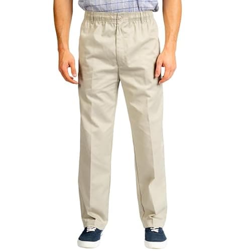 Image of Mens Rugby Trousers Elasticated & Adjustable Waist Pant – Smart Workwear Bottom with Drawstring, Button and Zip Fly- Relaxed Fit, Straight Leg Casual & Formal Trouser – (Beige 32W/31L)